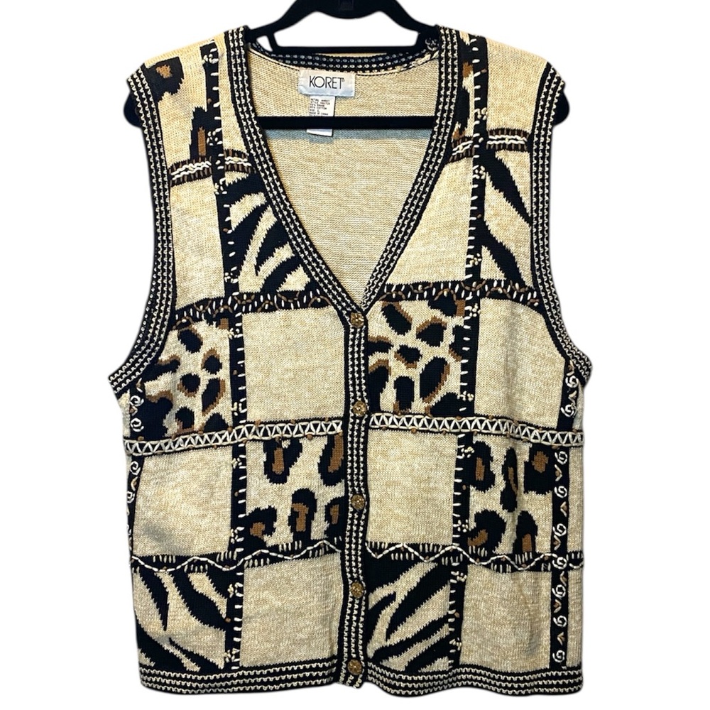 Vintage Sweater Vest Large Animal Print Button Up Patchwork Leopard Cheetah Knit